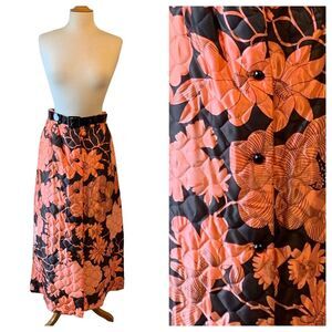 Vintage 1960s Pink & Black Floral Quilted Skirt with Patent Leather Belt - Med